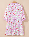 Floral Stripe Trim Frilled Neck 3/4 Sleeve Dress
