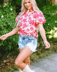 Elyse Floral Puff Sleeve Frilled Neckline Blouse