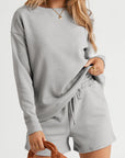 Textured Long Sleeve Top and Drawstring Shorts Set