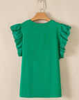 Nellie Embroidered Ruffled Sleeve Slim Fit Crew Neck Top