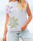 Hannah Crochet Flower Knit Short Sleeve Sweater Top