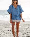Liv Denim Ruffled Sleeve Lace up Front Peplum Top