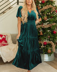 Velvet Shirred Waist Tiered Maxi Dress
