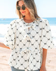 Ezra Bowknot Print Front Knots Bubble Sleeve Blouse
