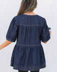 Gracelyn Puff Sleeve Lace-up Neckline Denim Blouse