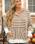 Brown Stripe Quarter Buttons Drop Sleeve Plus Size Hoodie