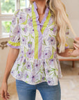 Floral Stripe Short Sleeve Peplum Blouse