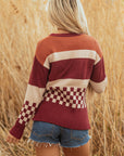 Checker Colorblock Knitted Drop Shoulder Sweater