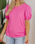Pearl Beaded Ribbed Puff Sleeve Top