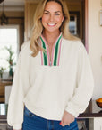 Plus Size Stripe Rhombus Textured Collared Sweatshirt