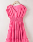 Nora Ruched Sleeve V Neck Smock Waist Tiered Ruffled Dress