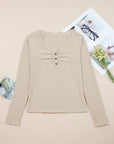 Solid Ribbed Lace Neckline Long Sleeve Top