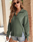 Solid Collared Drop Shoulder Side Slit Sweatshirt