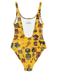 Yeehaw Vintage Cowboy Collage Mustard One-Piece Swimsuit