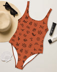 Yeehaw Brown Cattle Brands One-Piece Swimsuit