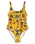 Yeehaw Vintage Cowboy Collage Mustard One-Piece Swimsuit