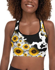 Cow Print Sunflower Sports Bra