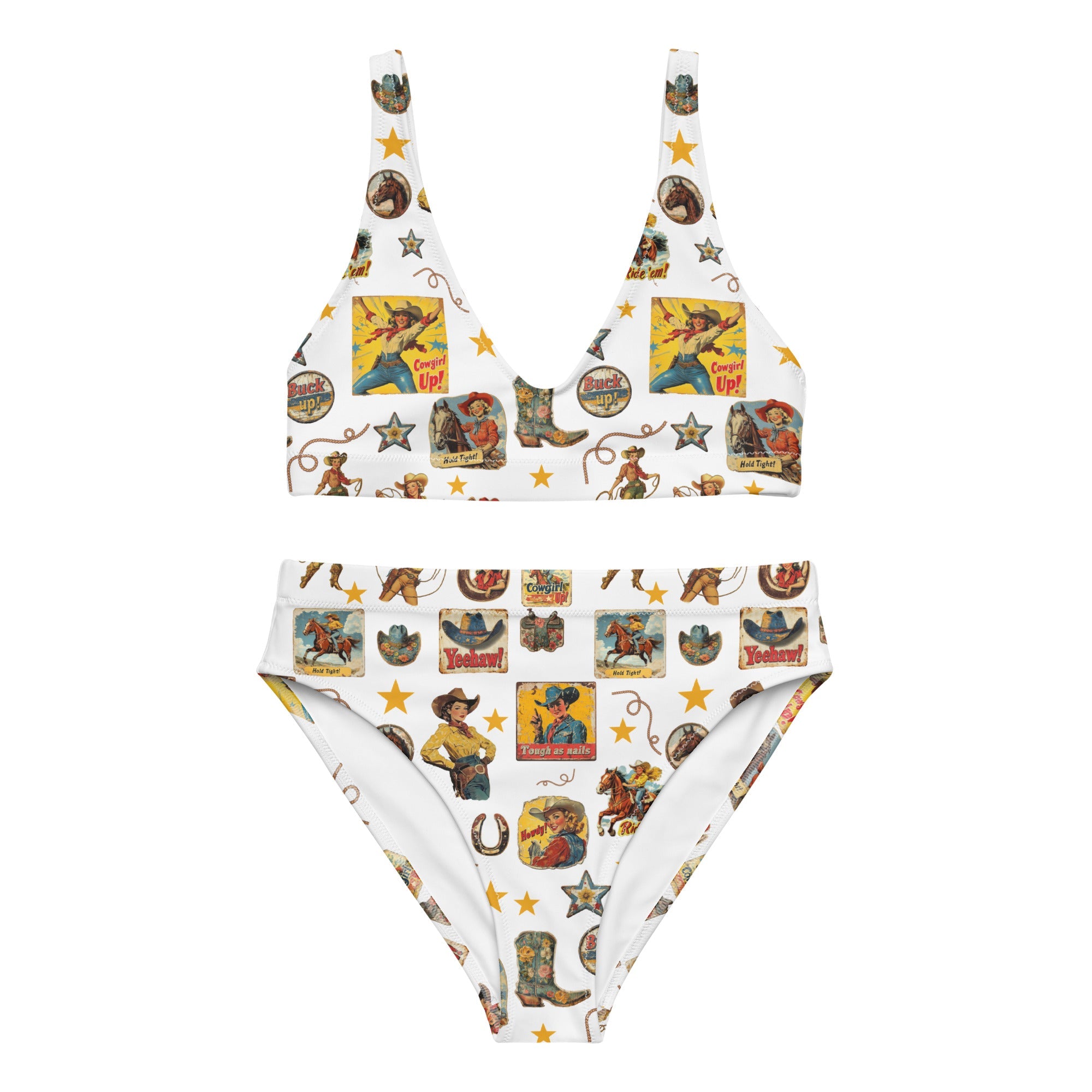 Yeehaw Vintage Cowgirl Collage White Bikini