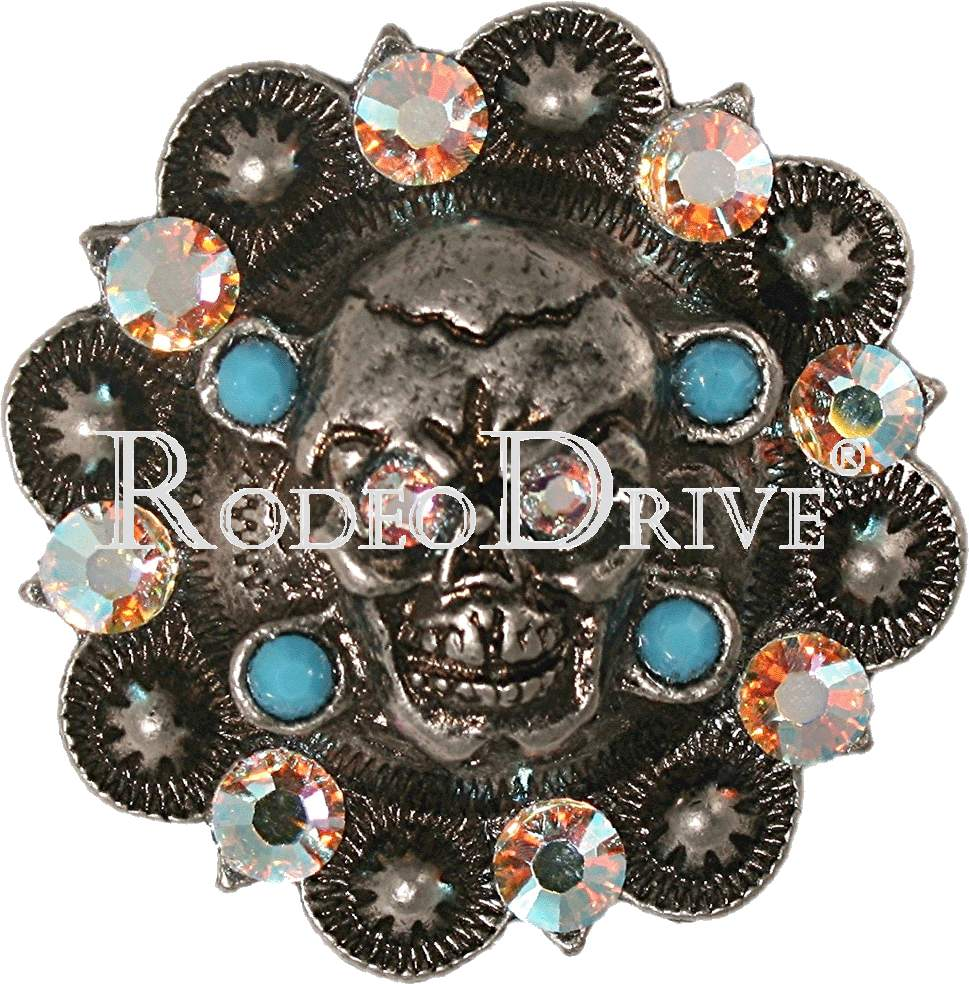 Turquoise & AB Antique Silver 1.75" Skull European Crystal Concho