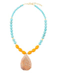 Apricot Fossil Blue Magnesite Golden Pendant Necklace