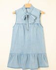 Chambray Bow Neck Sleeveless Ruffle Dress