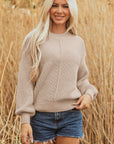Ribbed Patchwork Textured Knit Puff Sleeve Sweater
