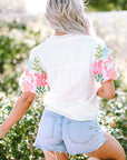 Priscilla Embroidered Puff Sleeve Notched Neck Blouse