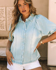 Dorothy Distressed Bubble Sleeve Denim Shirt