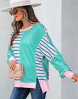 Stripe Colorblock Patchwork Side Slit Sweatshirt