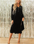 Olivia Velvet Buttoned Puff Sleeve V Neck Split Midi Dress