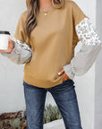 Floral Stripe Patchwork Ruffle Sleeve Crewneck Sweatshirt