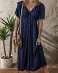 Buttoned Short Sleeve Midi Dress