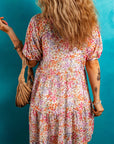 Floral Frilled V-Neck Puff Sleeve Dress