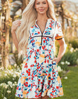 Laylani Floral Zipper Ruffled Short Sleeve High Waist Mini Dress