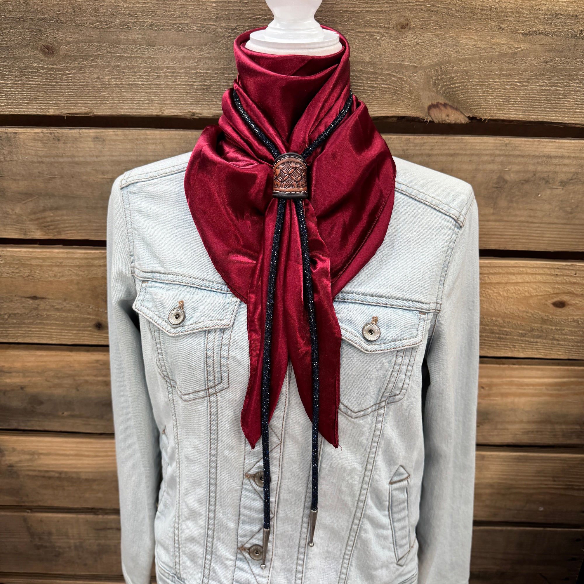 35X35" Solid Burgundy Wild Rag / Scarf - Leather Slide and Bolo Tie