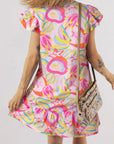 Abstract Floral Ruffle Buttoned Dress