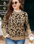 Plus Size Leopard Knit Lacy Trim Long Sleeve Sweater
