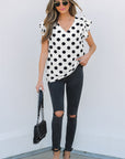 Halo Polka Dot Ruffled Sleeve V Neck Blouse