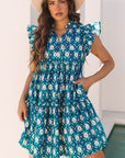 Sierra Retro Floral Ruffle Short Sleeve Dress