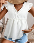 Textured Ruffle Trim V-Neck Top