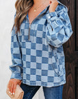 Checker Denim Half-Zip Pocketed Hoodie