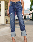 Denim High Waist Distressed Straight Leg Jeans