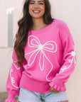 Corded Flower Bow Ribbed Trim Casual Sweater