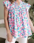 Abstract Shirred Ruffle Sleeve Blouse