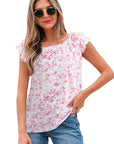 Floral Bow Back Ruffle Sleeve Blouse