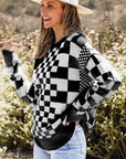 Checker Round Neck Drop Shoulder Sweater