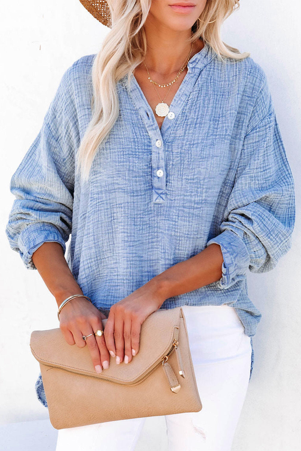 Naomi Crinkle Textured Loose Henley Top