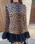 Leopard Print Panelled Flared Sleeve Slim Mini Dress