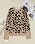 Leopard Lace Ribbed Trim Buttoned Cuff Sweater