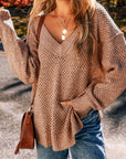 Solid Eyelet V-Neck Drop Shoulder Sweater
